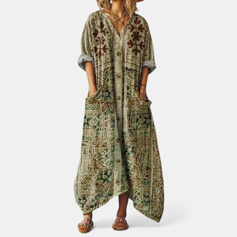 Abigail - Women's Vintage-Style Linen Paisley Kaftan Dress