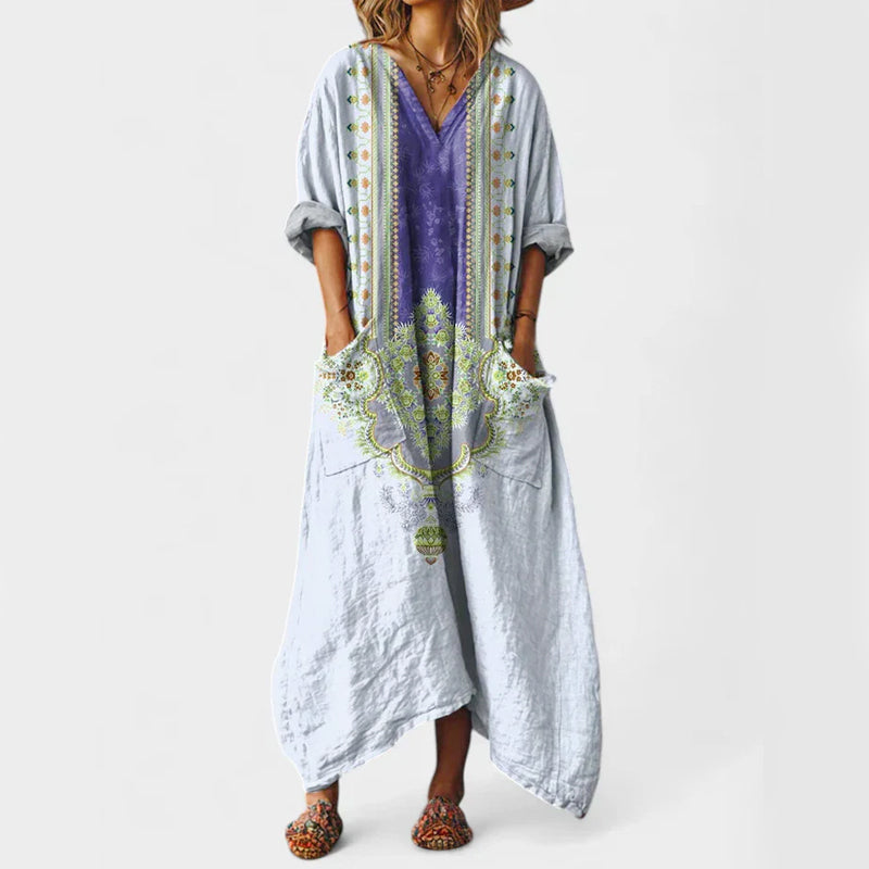 Abigail - Women's Vintage-Style Linen Paisley Kaftan Dress