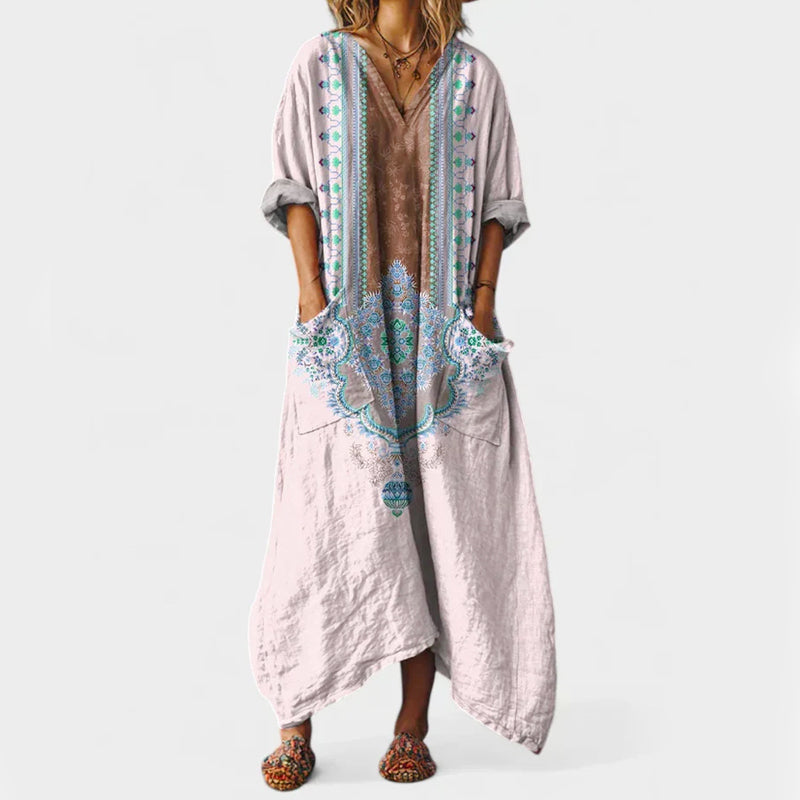 Abigail - Women's Vintage-Style Linen Paisley Kaftan Dress