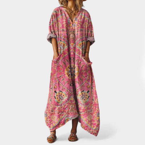 Abigail - Women's Vintage-Style Linen Paisley Kaftan Dress
