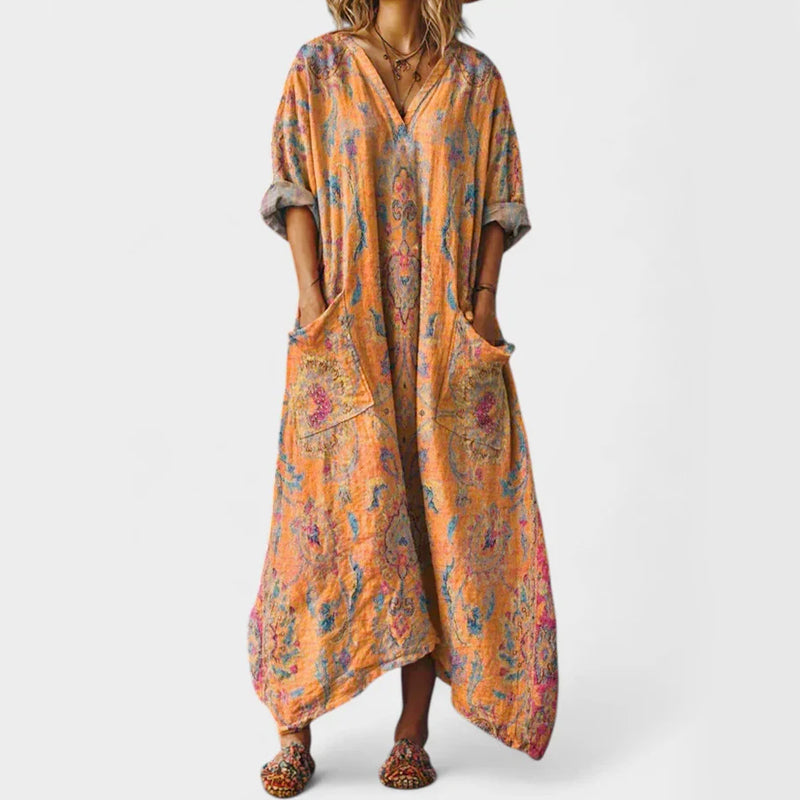 Abigail - Women's Vintage-Style Linen Paisley Kaftan Dress