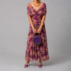 Alberta - Women's Watercolor Ruched Midi Dress