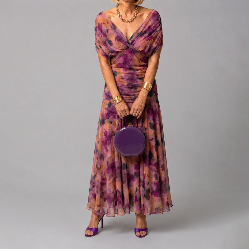 Alberta - Women's Watercolor Ruched Midi Dress