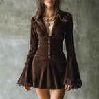 Alberta - Women's Velvet Deep V-Neck Bell Sleeve Mini Dress