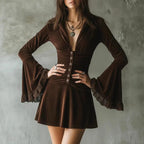 Alberta - Women's Velvet Deep V-Neck Bell Sleeve Mini Dress