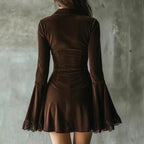 Alberta - Women's Velvet Deep V-Neck Bell Sleeve Mini Dress
