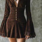 Alberta - Women's Velvet Deep V-Neck Bell Sleeve Mini Dress