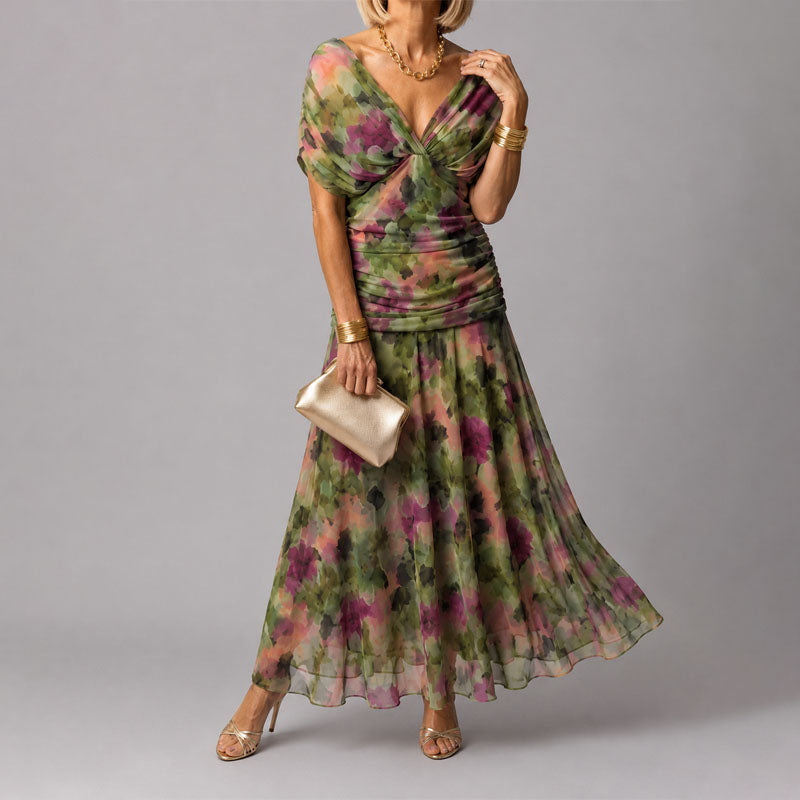 Alberta - Women's Watercolor Ruched Midi Dress