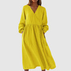 Allison - Women's V-Neck Long Sleeve Linen Dress