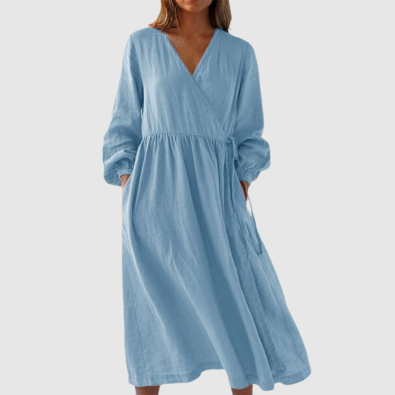 Allison - Women's V-Neck Long Sleeve Linen Dress