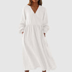 Allison - Women's V-Neck Long Sleeve Linen Dress