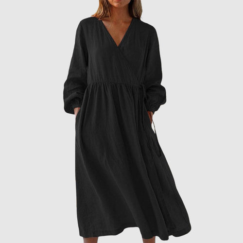 Allison - Women's V-Neck Long Sleeve Linen Dress