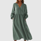 Allison - Women's V-Neck Long Sleeve Linen Dress