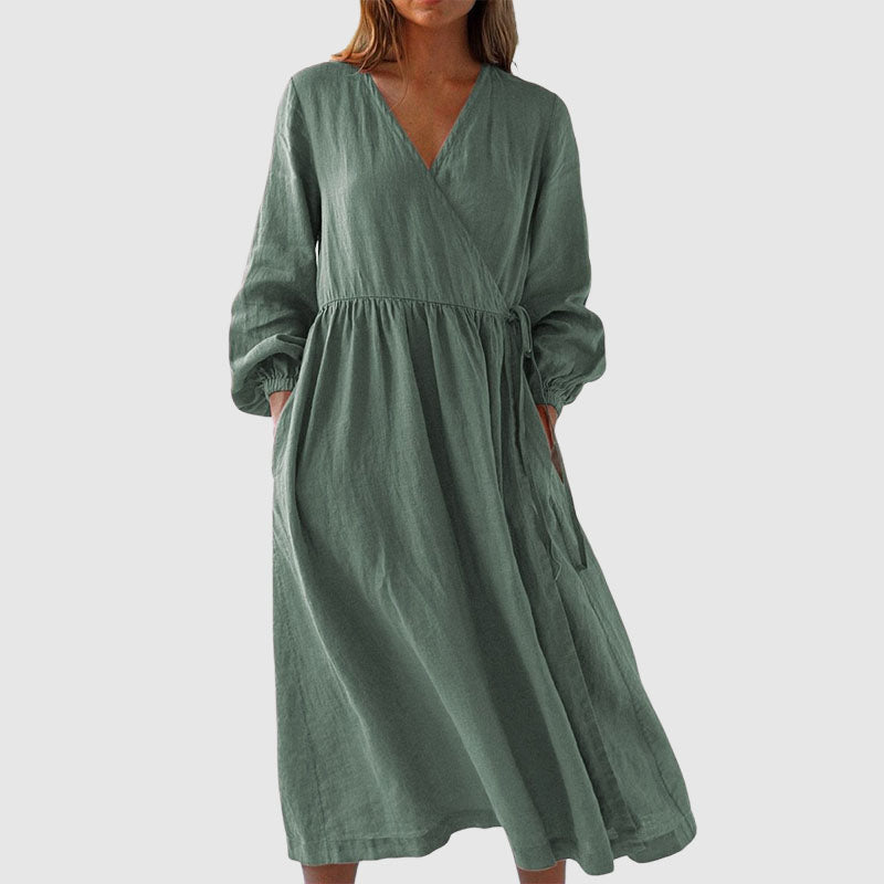 Allison - Women's V-Neck Long Sleeve Linen Dress