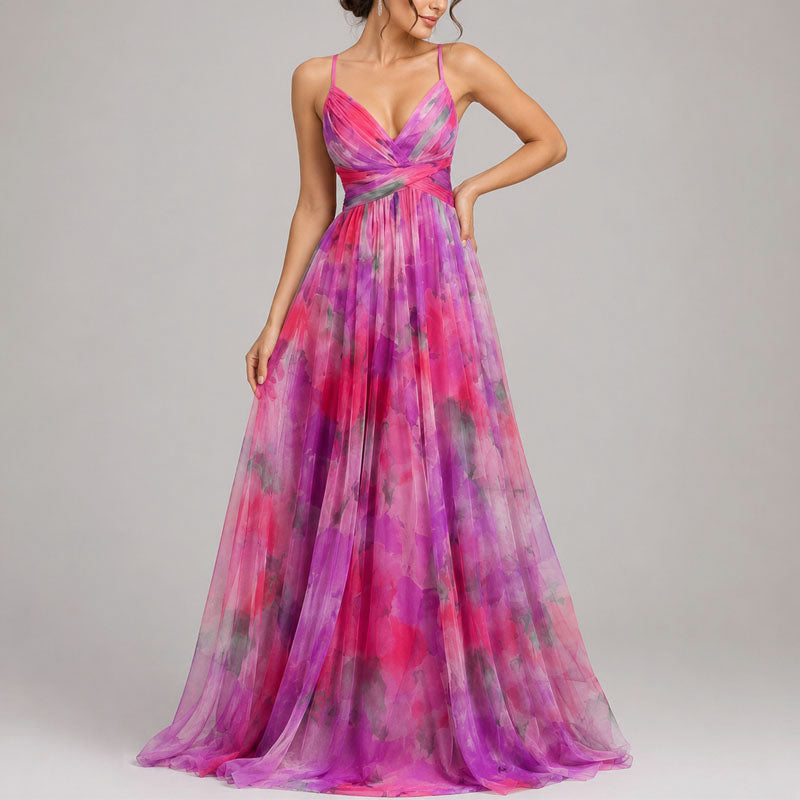 Allison - Women's Watercolor Print Chiffon Maxi Dress