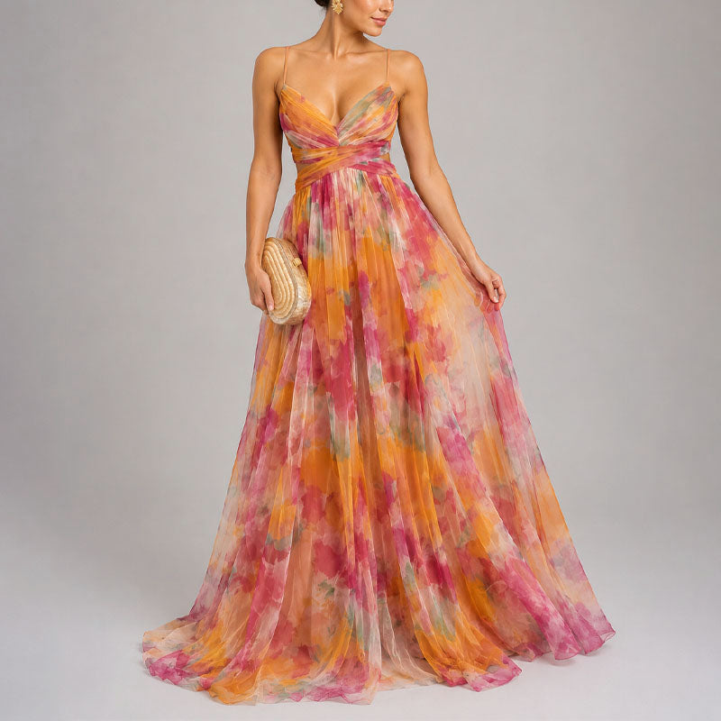 Allison - Women's Watercolor Print Chiffon Maxi Dress