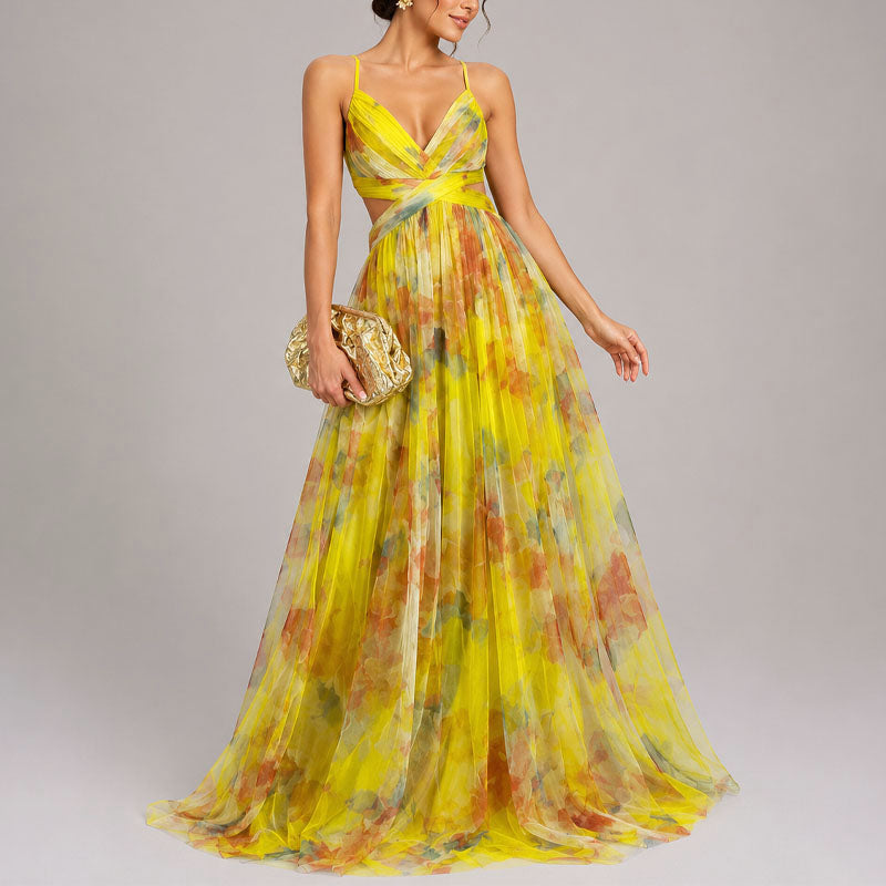Allison - Women's Watercolor Print Chiffon Maxi Dress