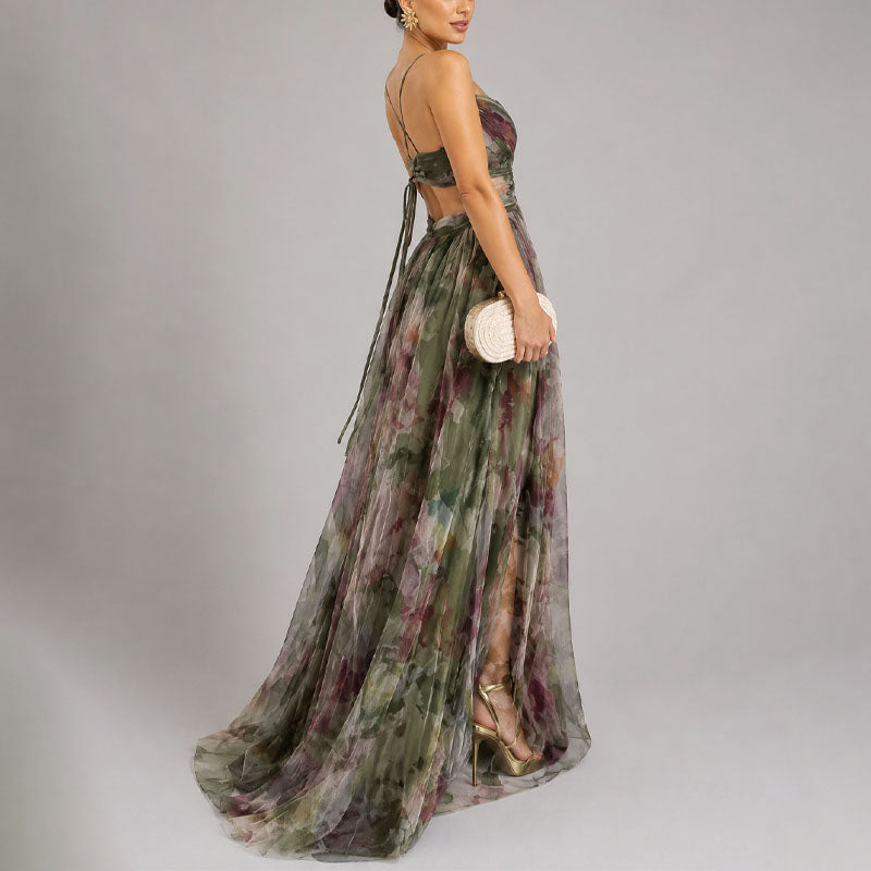 Allison - Women's Watercolor Print Chiffon Maxi Dress