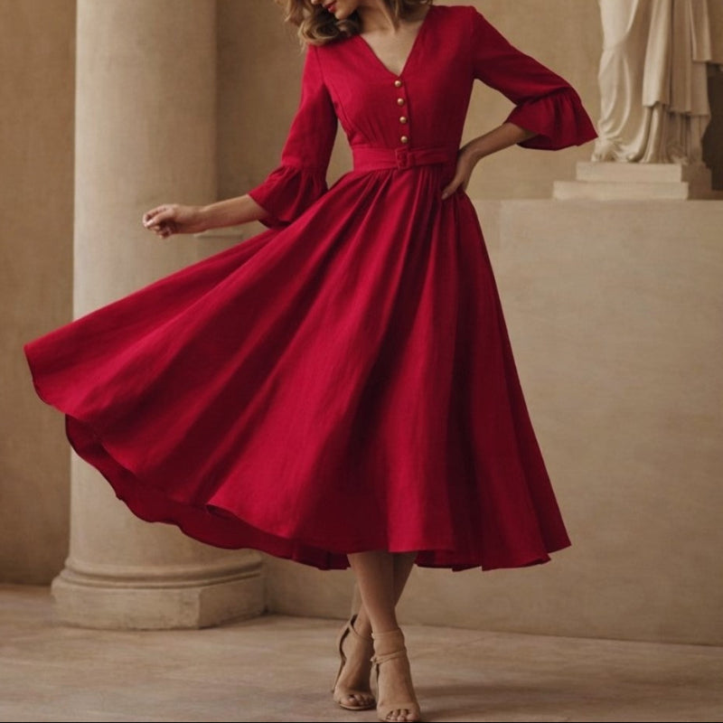 Allison - Women's Flowing A-Line Button Midi Dress