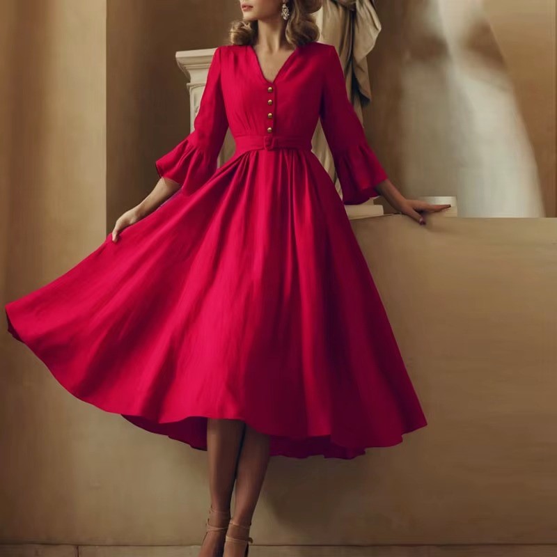 Allison - Women's Flowing A-Line Button Midi Dress