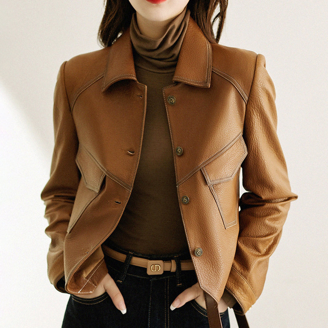 Amber - Women's Button-Front Geometric Pocket Leather Jacket
