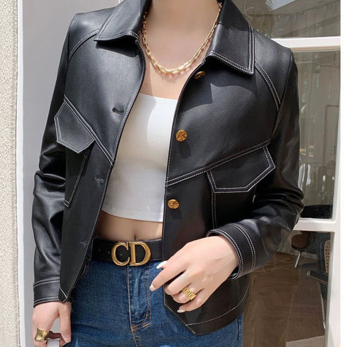 Amber - Women's Button-Front Geometric Pocket Leather Jacket