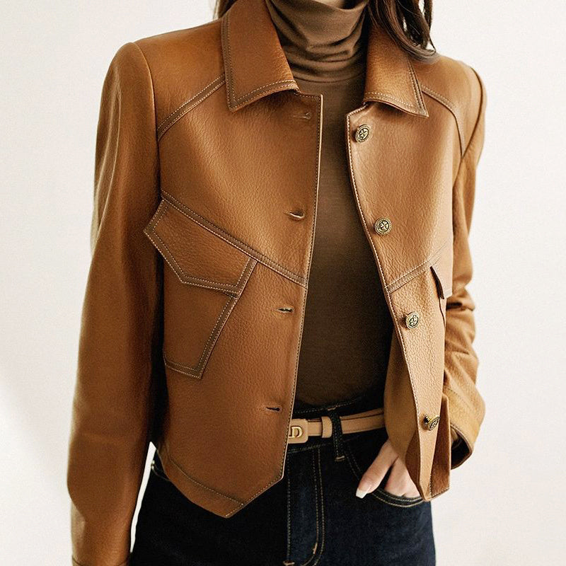 Amber - Women's Button-Front Geometric Pocket Leather Jacket