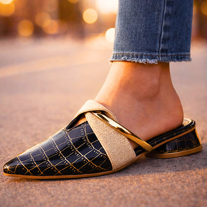 Amber - Women's Croc-Embossed Low Block Heel Mule Shoes