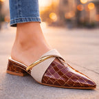 Amber - Women's Croc-Embossed Low Block Heel Mule Shoes