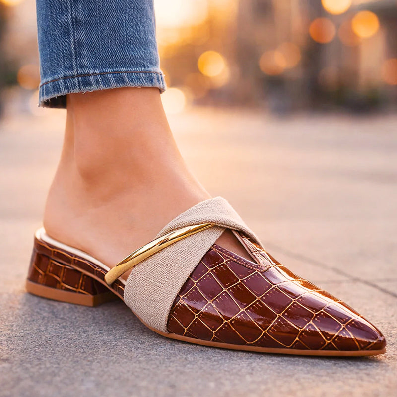 Amber - Women's Croc-Embossed Low Block Heel Mule Shoes