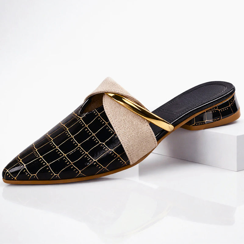 Amber - Women's Croc-Embossed Low Block Heel Mule Shoes