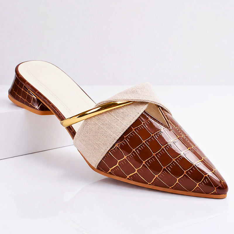 Amber - Women's Croc-Embossed Low Block Heel Mule Shoes