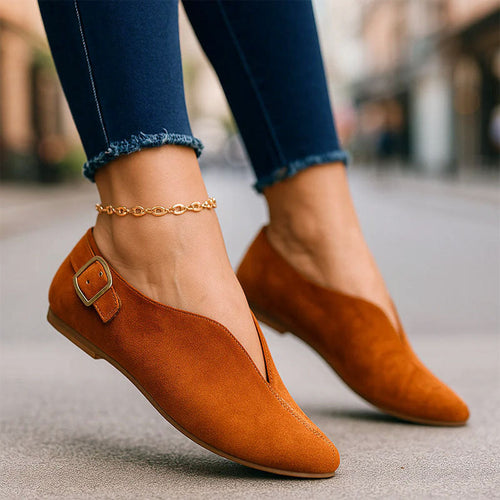Amber - Women's Pointed Toe V-Cut Side Buckle Flats