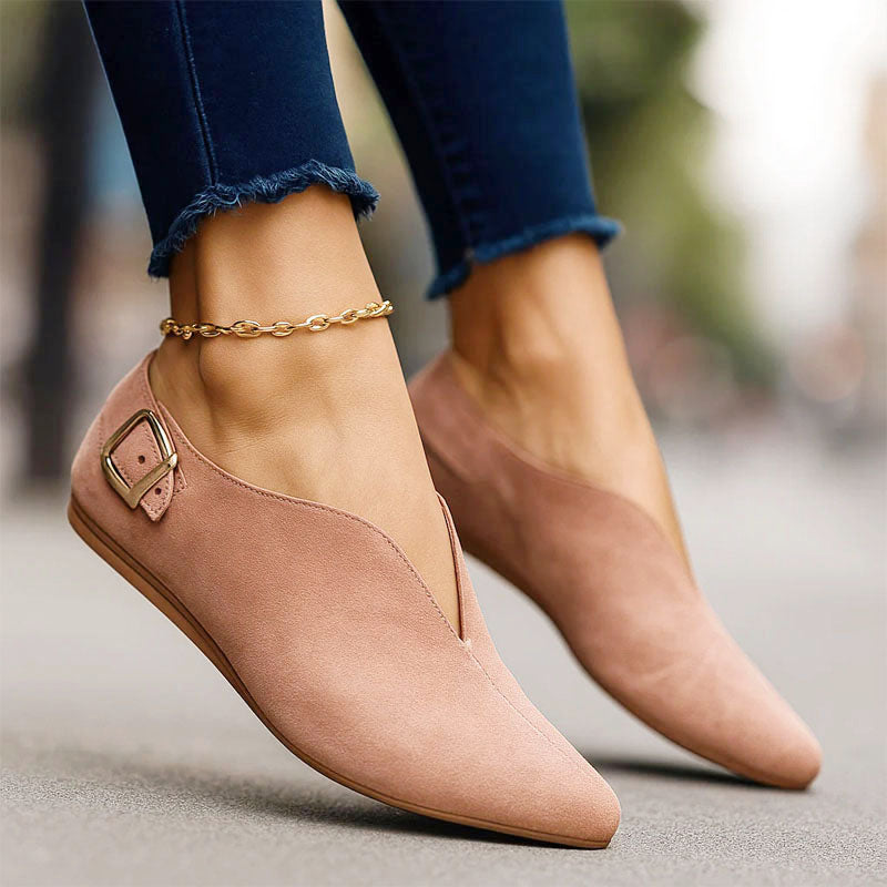 Amber - Women's Pointed Toe V-Cut Side Buckle Flats
