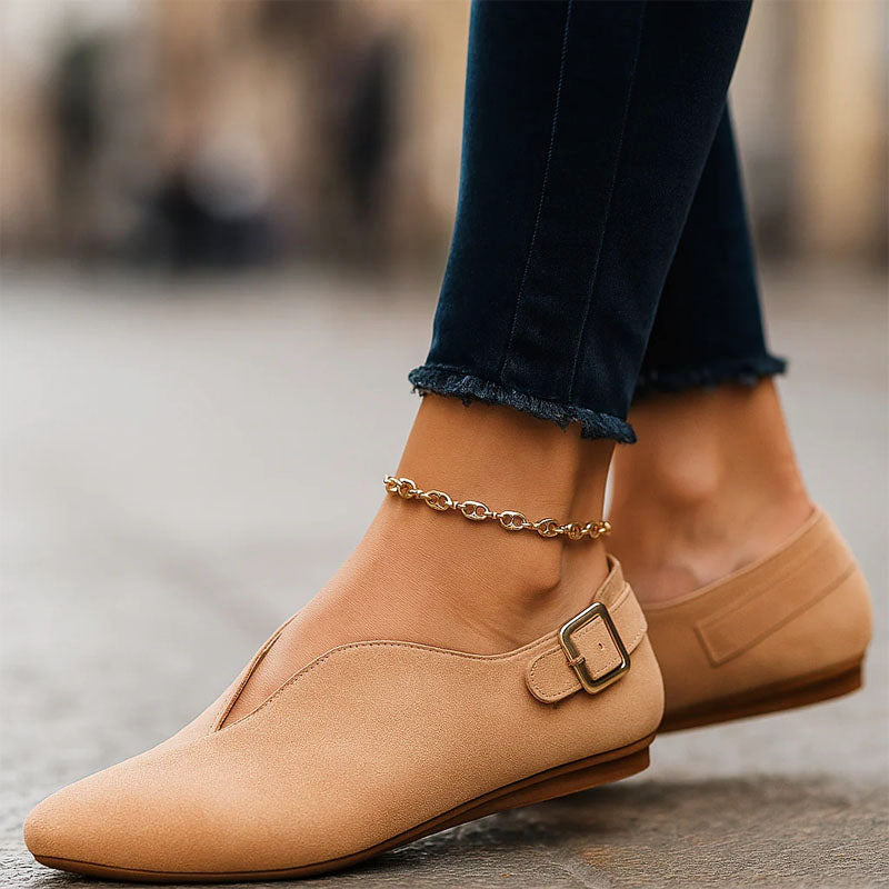 Amber - Women's Pointed Toe V-Cut Side Buckle Flats