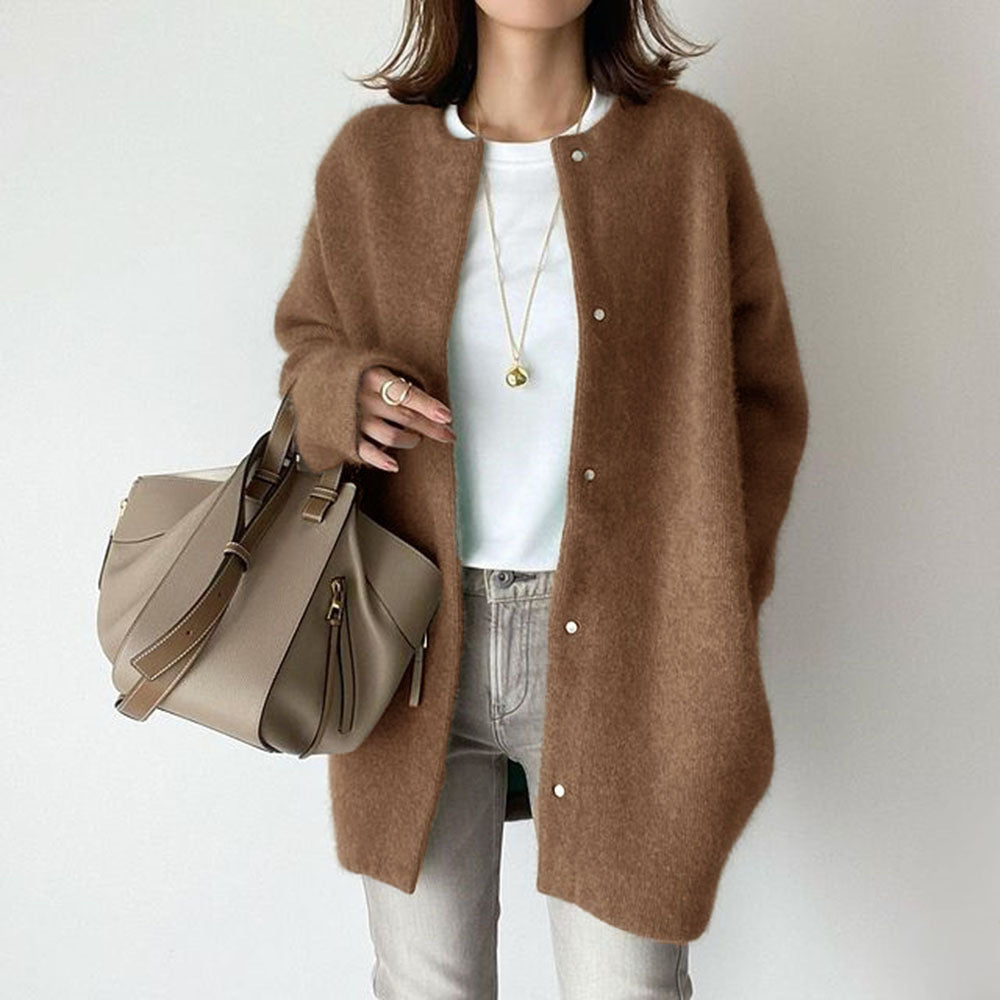 Amber - Women's Fuzzy Longline Button-Front Cardigan