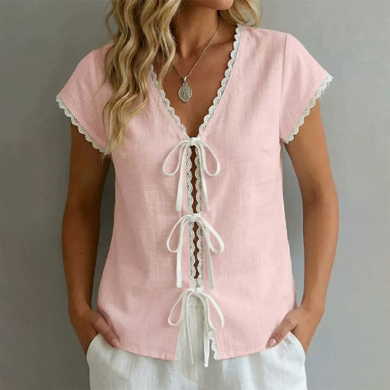 Amelia - Women's Lace Trim Tie-Front Blouse