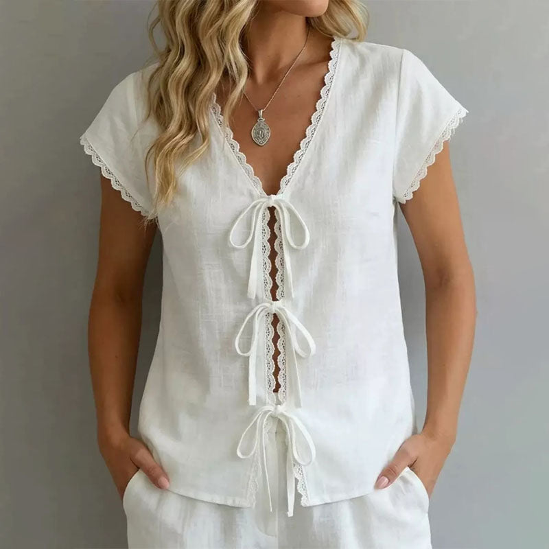 Amelia - Women's Lace Trim Tie-Front Blouse