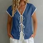 Amelia - Women's Lace Trim Tie-Front Blouse