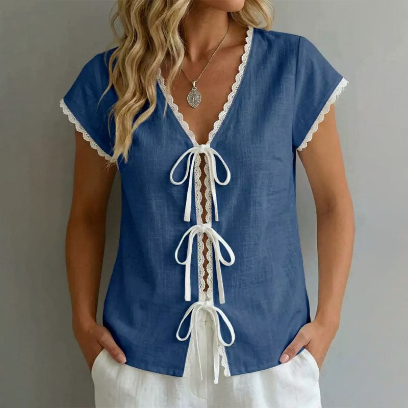 Amelia - Women's Lace Trim Tie-Front Blouse