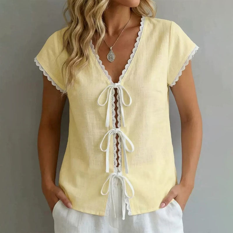 Amelia - Women's Lace Trim Tie-Front Blouse