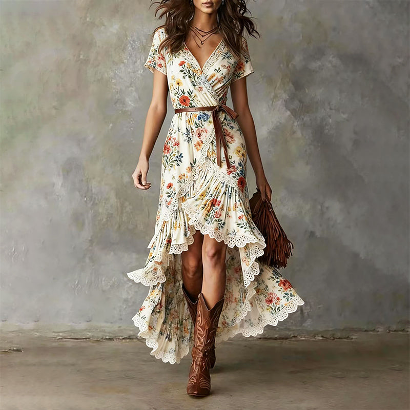 Amoura - Women's Boho Lace Trim Wrap Maxi Dress