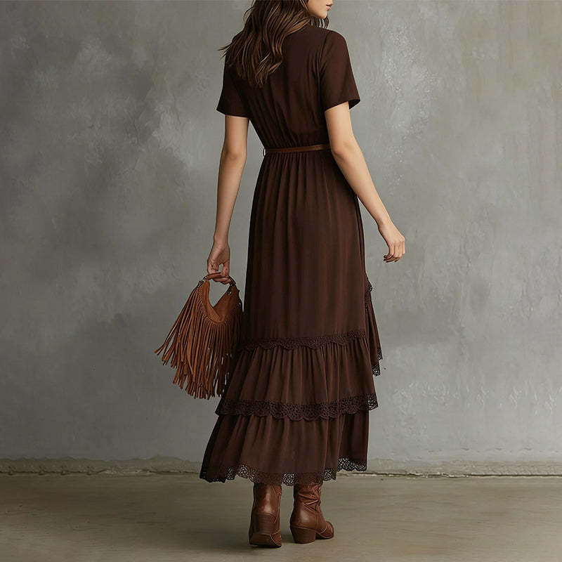 Amoura - Women's Boho Lace Trim Wrap Maxi Dress