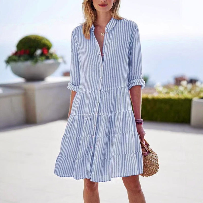 Amy - Women's Striped Tiered Button Dress