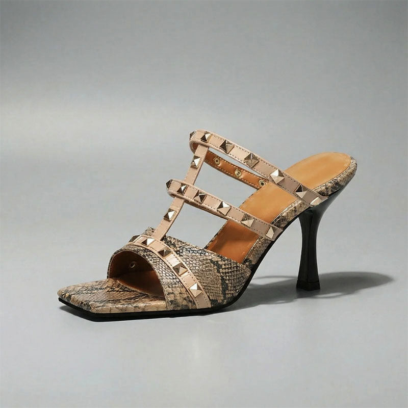 Anastasia - Women's Studded Snake Print Heeled Sandals