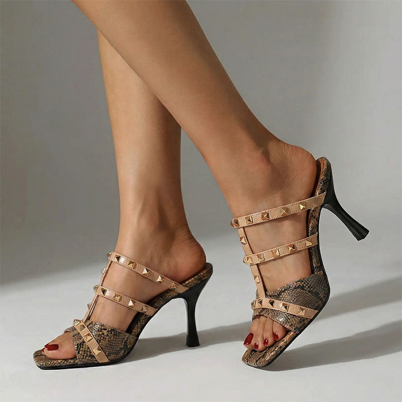 Anastasia - Women's Studded Snake Print Heeled Sandals
