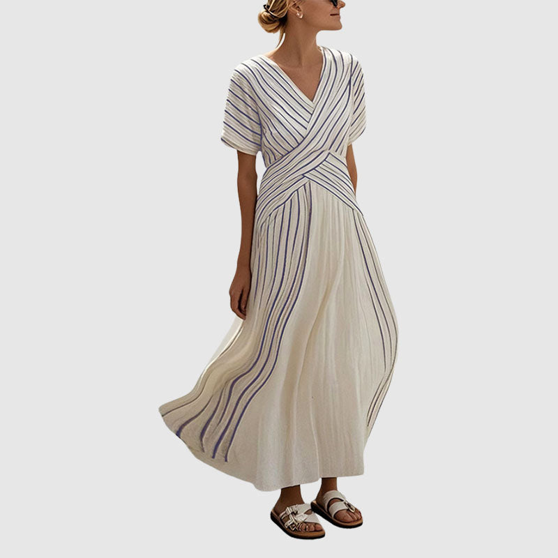 Andrea - Women’s Striped Cross-Wrap Flowy Midi Dress