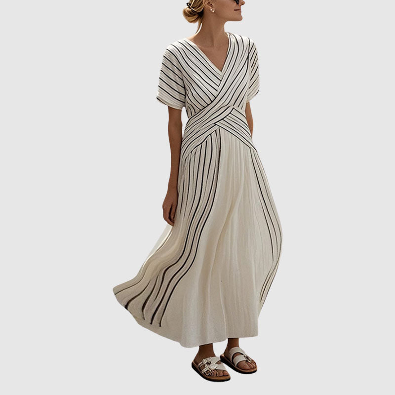 Andrea - Women’s Striped Cross-Wrap Flowy Midi Dress