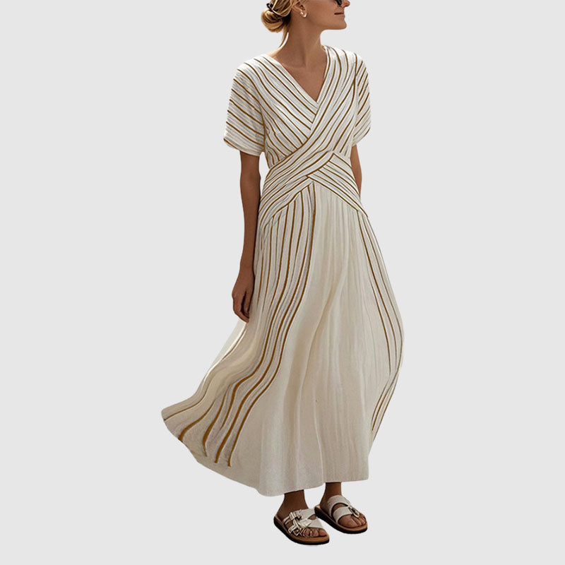 Andrea - Women’s Striped Cross-Wrap Flowy Midi Dress