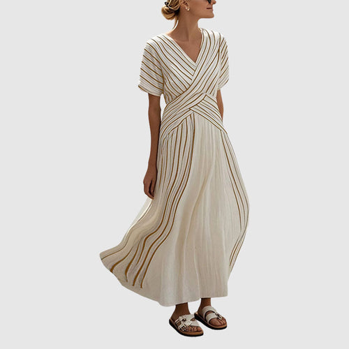 Andrea - Women’s Striped Cross-Wrap Flowy Midi Dress